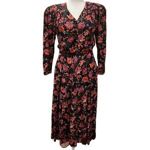 ED Michaels Vtg Women's Cottage Dress 9/10 Pleats Vibrant Floral Church 90s USA